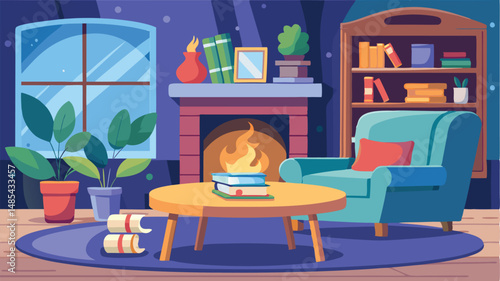 Cozy living room interior design with a warm fireplace and bookshelves in a modern vector illustration style during a nighttime setting