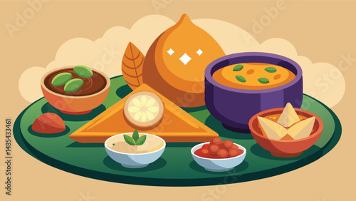 Delicious array of traditional dishes featuring desserts, soups, and appetizers set against a vibrant background