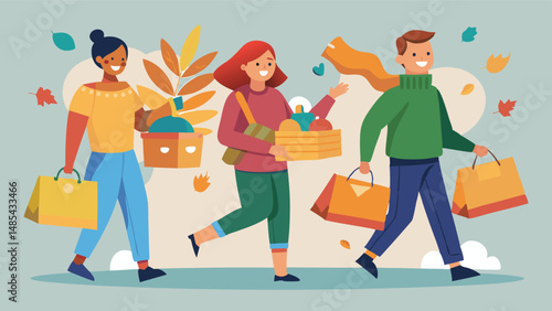 Shopping together during autumn with cheerful friends carrying bags in a vibrant outdoor setting and enjoying the seasonal atmosphere