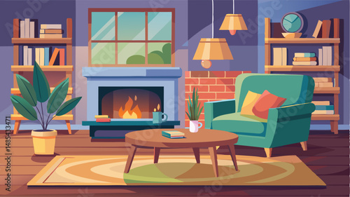 Cozy living room interior design with a warm fireplace and bookshelves in a modern vector illustration style during a nighttime setting