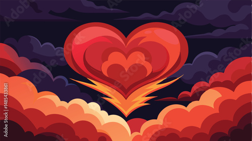 Bold vector illustration of a vibrant heart surrounded by dynamic clouds and energetic bursts, symbolizing passion and emotion