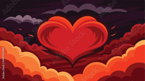 Bold vector illustration of a vibrant heart surrounded by dynamic clouds and energetic bursts, symbolizing passion and emotion