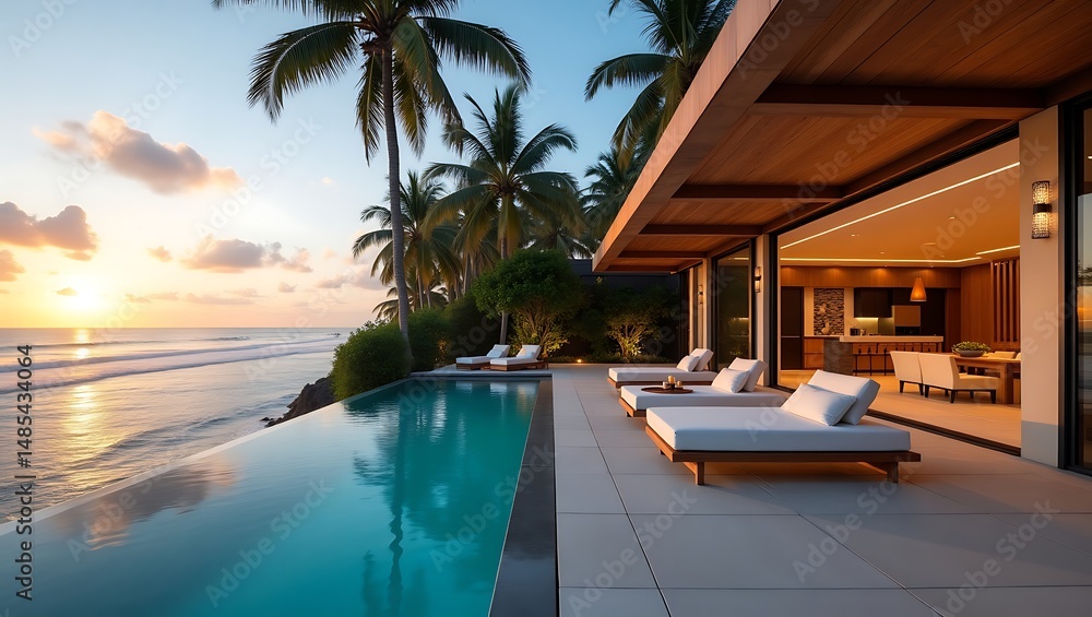 Luxurious oceanfront villa at sunset featuring infinity pool and palm trees Luxurious oceanfront villa at sunset featuring infinity pool and palm trees