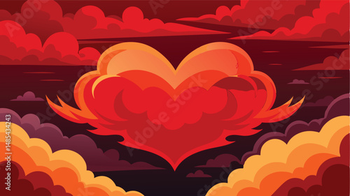 Bold vector illustration of a vibrant heart surrounded by dynamic clouds and energetic bursts, symbolizing passion and emotion