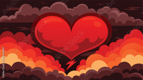 Bold vector illustration of a vibrant heart surrounded by dynamic clouds and energetic bursts, symbolizing passion and emotion