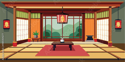 Serene Japanese tea room interior with traditional decor and garden view during a tranquil afternoon