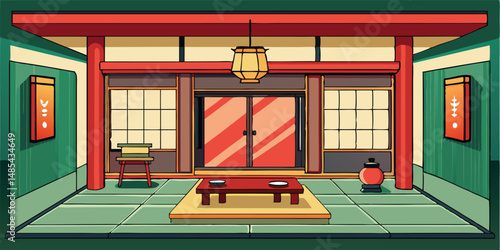 Serene Japanese tea room interior with traditional decor and garden view during a tranquil afternoon