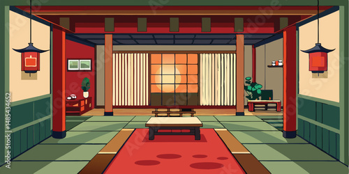 Serene Japanese tea room interior with traditional decor and garden view during a tranquil afternoon