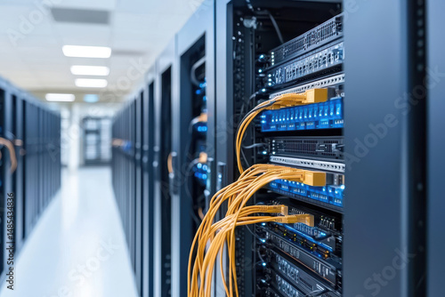 High tech data center with fiber optic cables connected to servers, showcasing modern technology and efficient networking