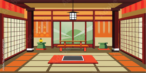 Serene Japanese tea room interior with traditional decor and garden view during a tranquil afternoon