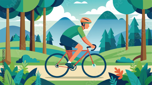 Mountain biker rides through a lush forested trail surrounded by trees and mountains on a sunny day with a vibrant background