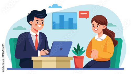 Professional discussion between a man and a woman in a modern office with a laptop, a plant, and a cityscape in the background during daytime for a collaborative meeting