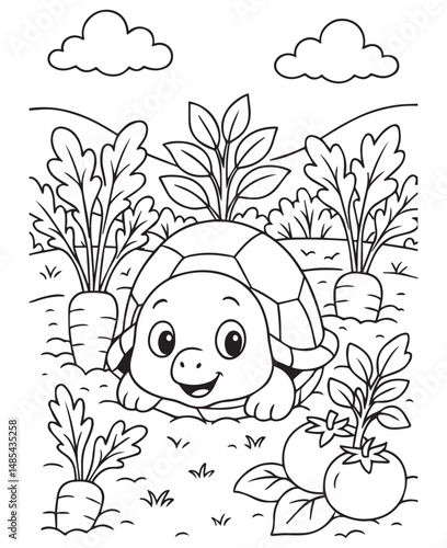 Coloring book turtle sits happily in a garden surrounded by carrots and tomatoes under fluffy clouds and rolling hills
