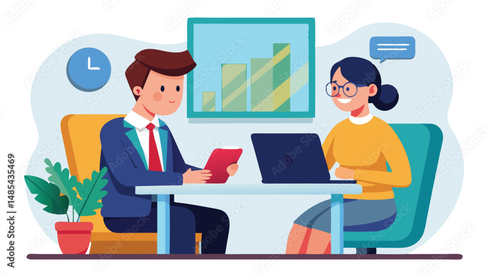 Professional discussion between a man and a woman in a modern office with a laptop, a plant, and a cityscape in the background during daytime for a collaborative meeting Professional discussion between a man and a woman in a modern office with a laptop, a plant, and a cityscape in the background during daytime for a collaborative meeting