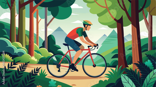 Mountain biker rides through a lush forested trail surrounded by trees and mountains on a sunny day with a vibrant background