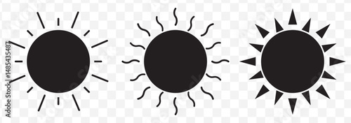 Sun icon set. Black Silhouette sun icons. Shine sun ray set. Sunset icon collection. Black  sun star icons vector on Transparent Background. EPS 10.