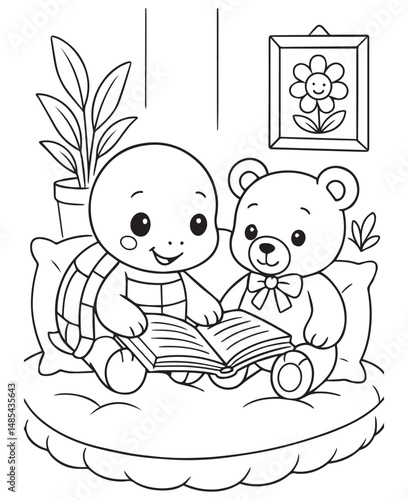 Coloring book turtle and a teddy bear sit together on a comfy cushion, reading a book