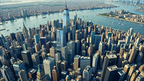 Stunning Aerial View of Manhattan Skyline Featuring the Iconic One World Trade Center and Surrounding Buildings