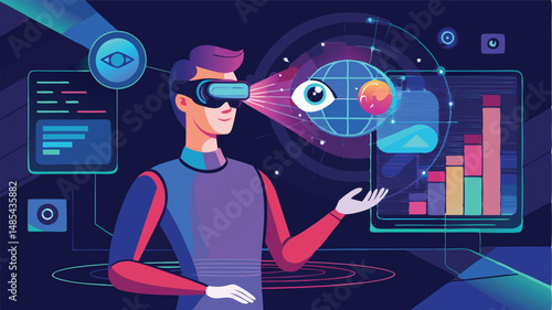 Virtual reality experience with a user wearing VR goggles interacting with digital graphics and data in a futuristic environment