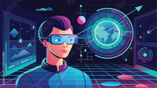 Virtual reality experience with a user wearing VR goggles interacting with digital graphics and data in a futuristic environment