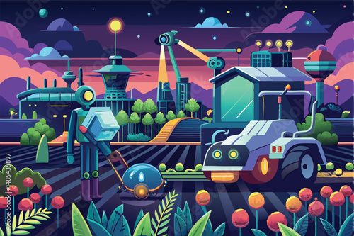 Explore a futuristic landscape where a robot stands beside unique machinery under a starry sky filled with colorful planets and mountains in the distance