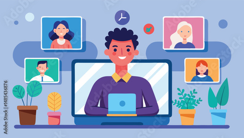 Vector illustration of a man participating in a video conference call at home with colleagues displayed on his screen