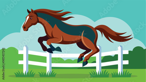 Horse jumping over a white fence in a vibrant green landscape with blue skies and fluffy clouds during daylight hours