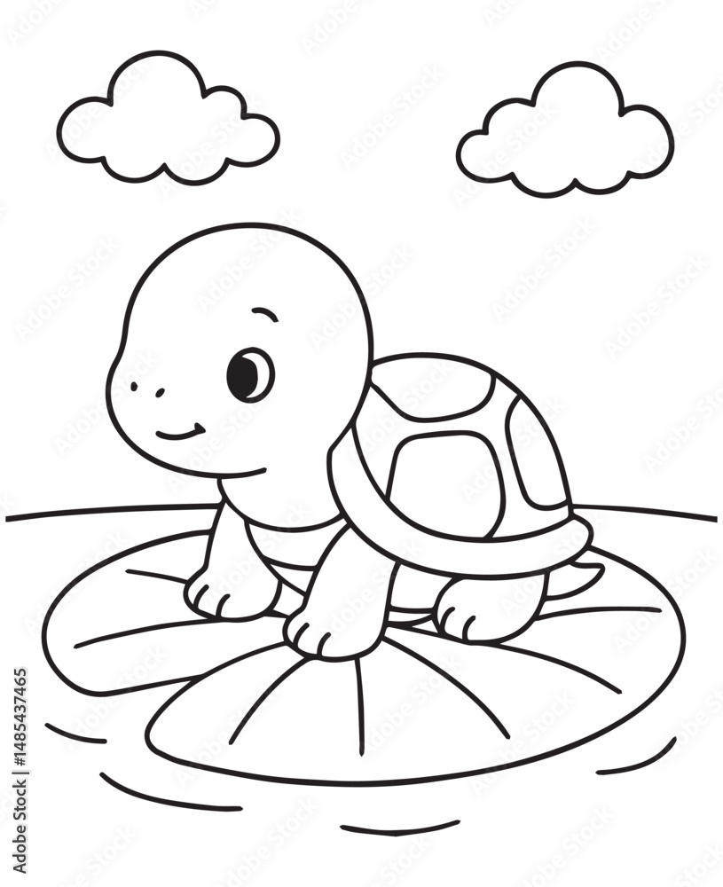 Fototapeta premium Coloring book turtle sits on a lily pad in the water under two clouds.