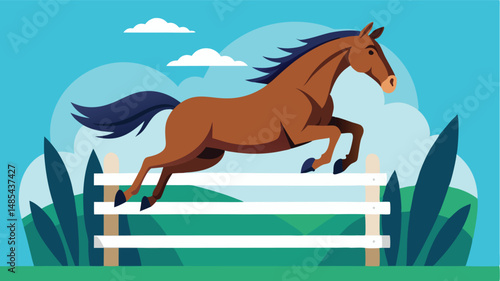 Horse jumping over a white fence in a vibrant green landscape with blue skies and fluffy clouds during daylight hours
