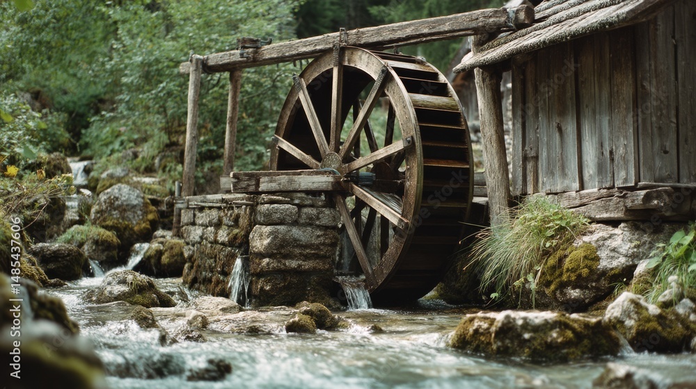A sturdy wooden waterwheel stands amidst flowing streams and lush greenery, embodying harmony with nature and rustic engineering. A sturdy wooden waterwheel stands amidst flowing streams and lush greenery, embodying harmony with nature and rustic engineering.