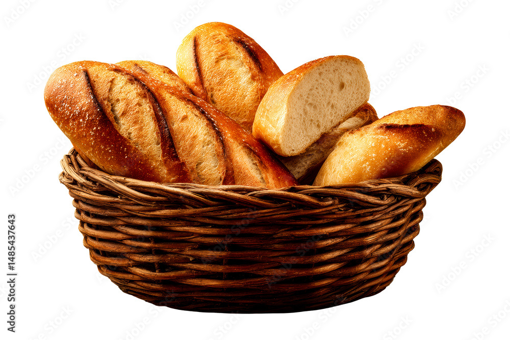 Freshly baked bread rolls in a wicker basket for serving Freshly baked bread rolls in a wicker basket for serving