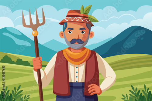 Rural farmer holding a pitchfork stands confidently in a vibrant landscape under a bright sky, embodying the spirit of traditional agriculture in a colorful vector illustration