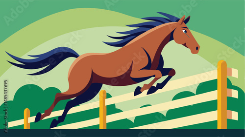 Horse jumping over a white fence in a vibrant green landscape with blue skies and fluffy clouds during daylight hours