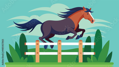 Horse jumping over a white fence in a vibrant green landscape with blue skies and fluffy clouds during daylight hours