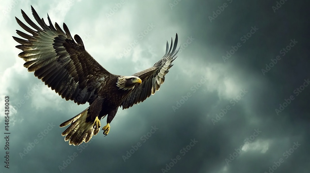 Fototapeta premium Majestic Eagle in Flight: Dramatic Cloudscape, Powerful Wings