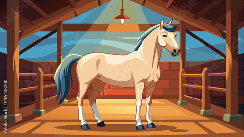 Beautiful brown horse standing in a vibrant, sunlit stable with wooden beams and a warm atmosphere, showcasing its sleek coat and lively expression in a colorful vector illustration