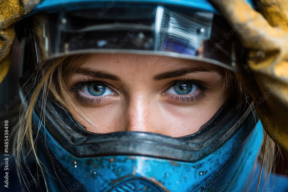 Woman in blue jacket and helmet. Woman in blue jacket and helmet.