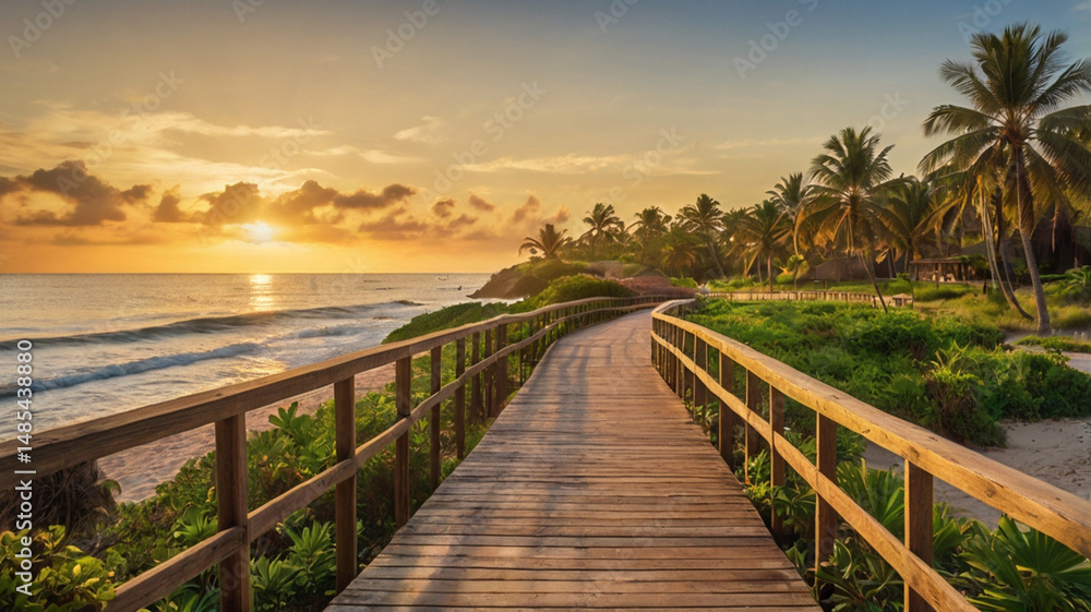 Obraz premium Golden Sunset Beach Scene: Ocean Waves at Dusk