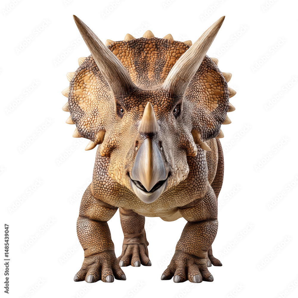 Fototapeta premium Triceratops displaying its unique three horns in a natural landscape setting, isolated on transparent background