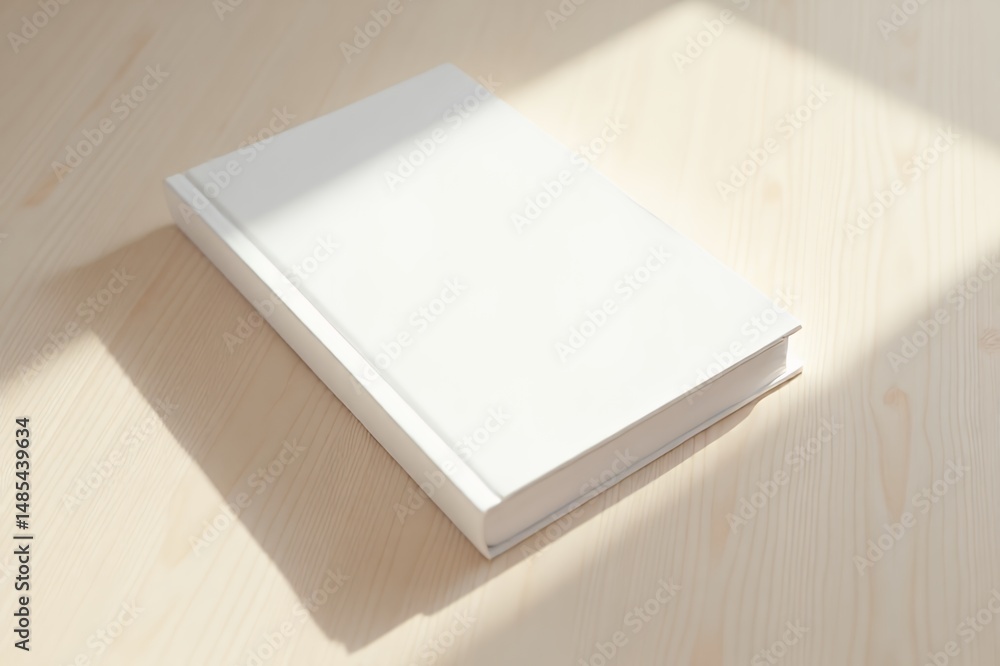 Fototapeta premium Blank-book-mockup-white-hardcover-wood-table-surface-minimal-design-concept