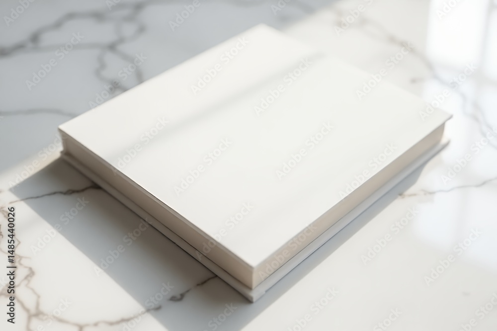 Fototapeta premium Blank-book-on-marble-surface-minimalist-flat-lay-white-copy-space-luxury-design-concept