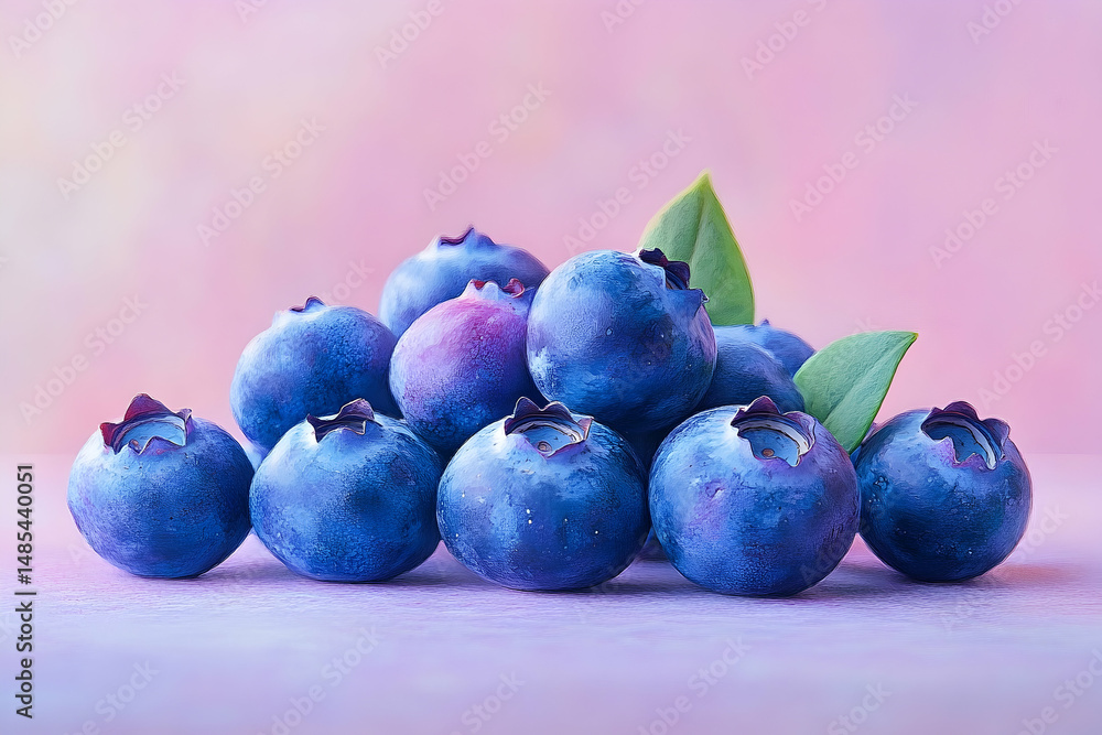 Obraz premium Vibrant cluster of blueberries with leaves on a pastel background.
