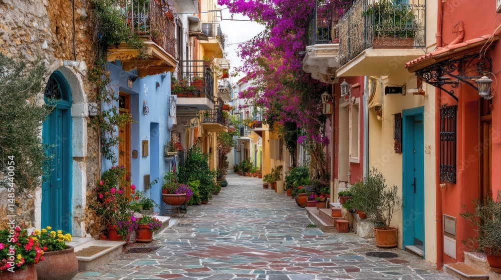 Fototapeta premium Charming Greek Island Street: A Picturesque Alleyway in Colorful Architecture