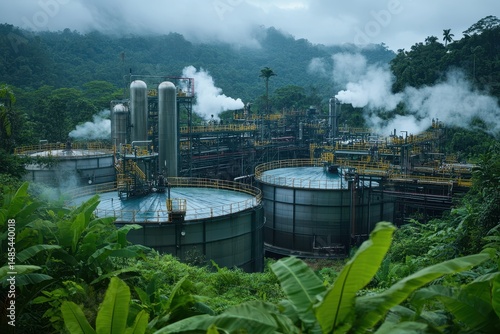 Fototapeta Naklejka Na Ścianę i Meble -  Industrial plant contrasts against lush, green jungle landscape. Perfect for illustrating resource extraction and environmental concerns.
