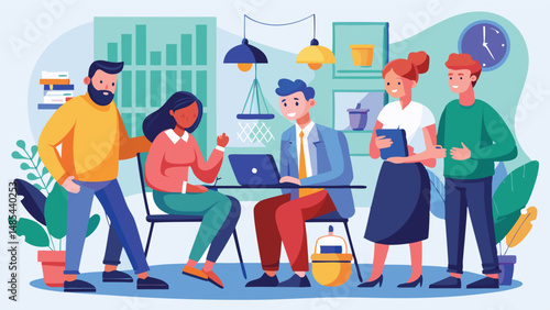 Team collaborating on a project in a bright office space with laptops, books, and plants during a creative brainstorming session