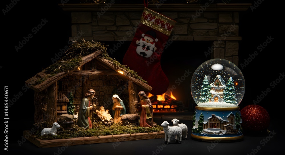 Fototapeta premium Enchanting Christmas Nativity Scene with Fireplace, Stocking, and Snow Globe A Festive Holiday Display