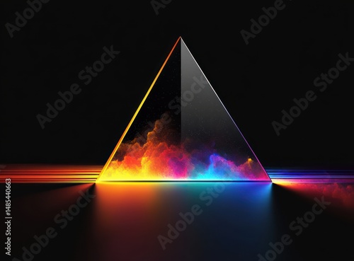 Transparent glass pyramid prism refracting and dividing light into vibrant colorful spectrum beams against a dark background with glowing energy inside