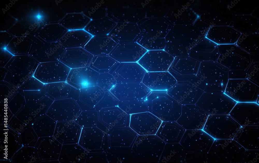 Glowing blue hexagonal grid pattern on dark background with scattered light particles creating a futuristic and high-tech digital atmosphere Glowing blue hexagonal grid pattern on dark background with scattered light particles creating a futuristic and high-tech digital atmosphere