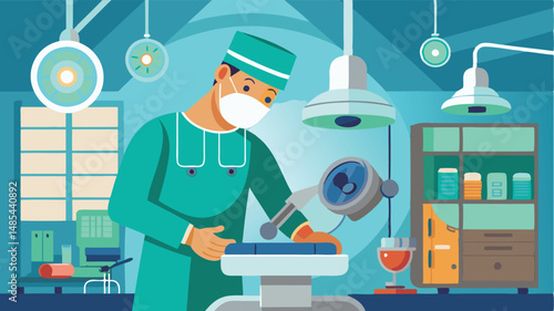 Medical professional performing surgery in a modern operating room with advanced equipment, illustrating healthcare and precision in a surgical procedure