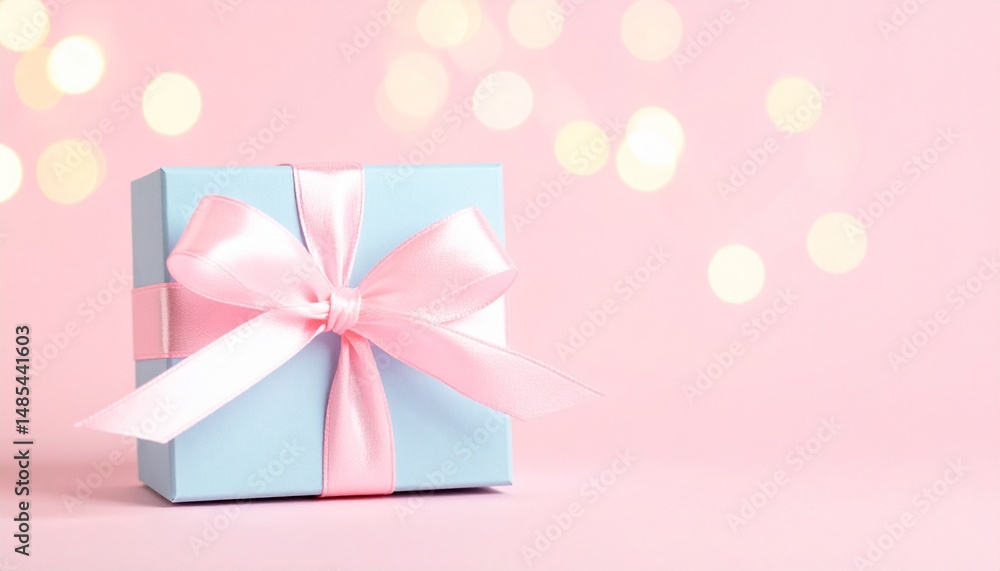 Elegant gift box tied with ribbon on glittering bokeh pink background. Ideal for themed celebrations, birthdays, Valentine's Day or romantic gifts. Elegant gift box tied with ribbon on glittering bokeh pink background. Ideal for themed celebrations, birthdays, Valentine's Day or romantic gifts.